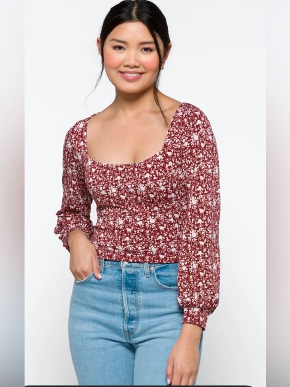 LUSH Maroon Floral Long Sleeve Crop Top